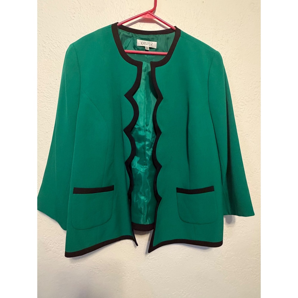 Kasper Green Scalloped Open Front Blazer Black Trim 20W P1JWK8B9796